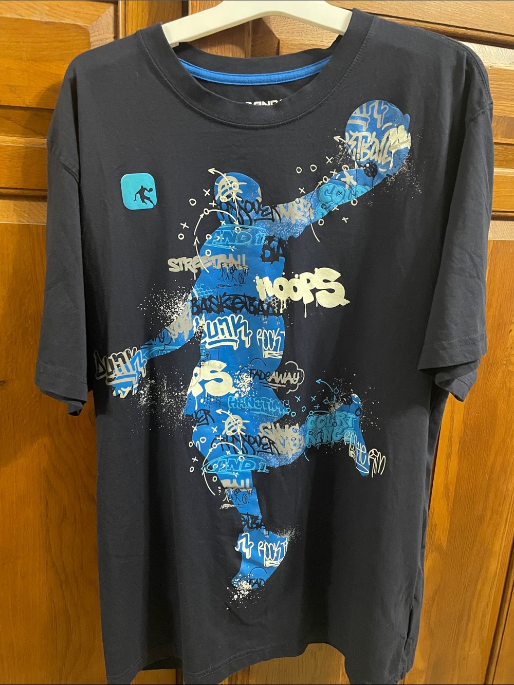 And1 Black Tee w Blue Basketball Silhouette Graphic, like new boys Sz. L